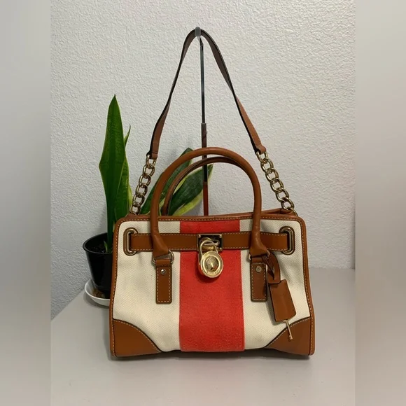 💕👜Michael Kors Hamilton Nautical Satchel Tote Handbag Stripe Handbag